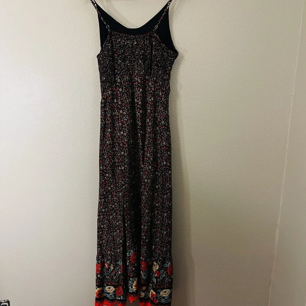Dark Boho Maxi Floral Strap Dress Black‎ Smocked Multicolor Whimsygoth Size L